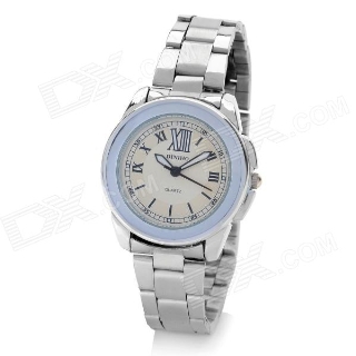 DINIHO Lady's Stainless Steel Round Dial Quartz Waterproof Wrist Watch - White + Silver 